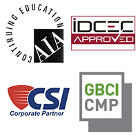 AIA Continuing Education logo - GBCI CMP Leed's Credential Maintenance Program logo - Interior Design Continuing Education Council - IDCEC logo